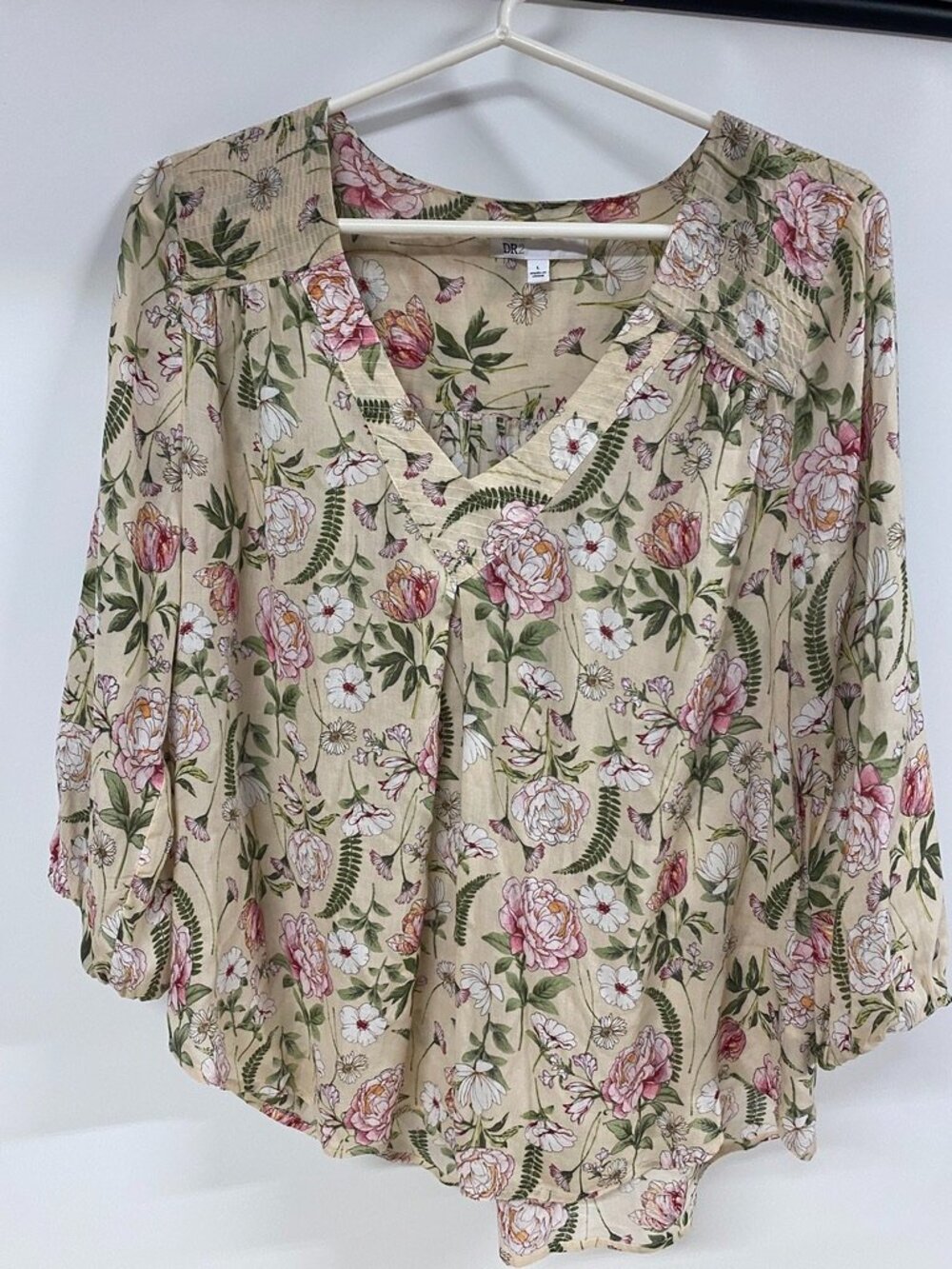 DR2 Beige Pink Botanical Floral Boho Blouse Large